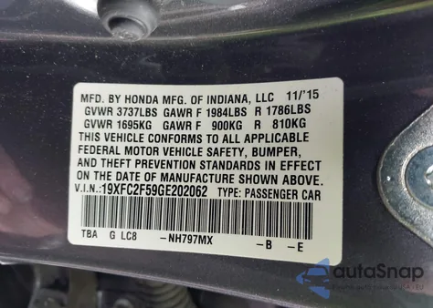 2016 Honda Civic Lx from USA, damaged, VIN 19XFC2F59GE202062